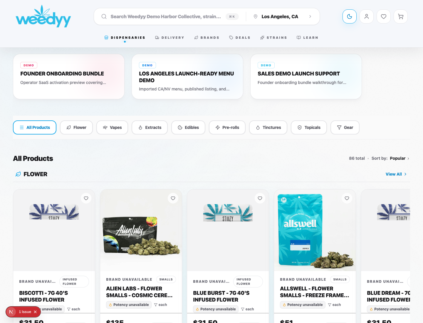 A real Weedyy dispensary menu screenshot with category filters, deal context, product cards, and Stash actions.