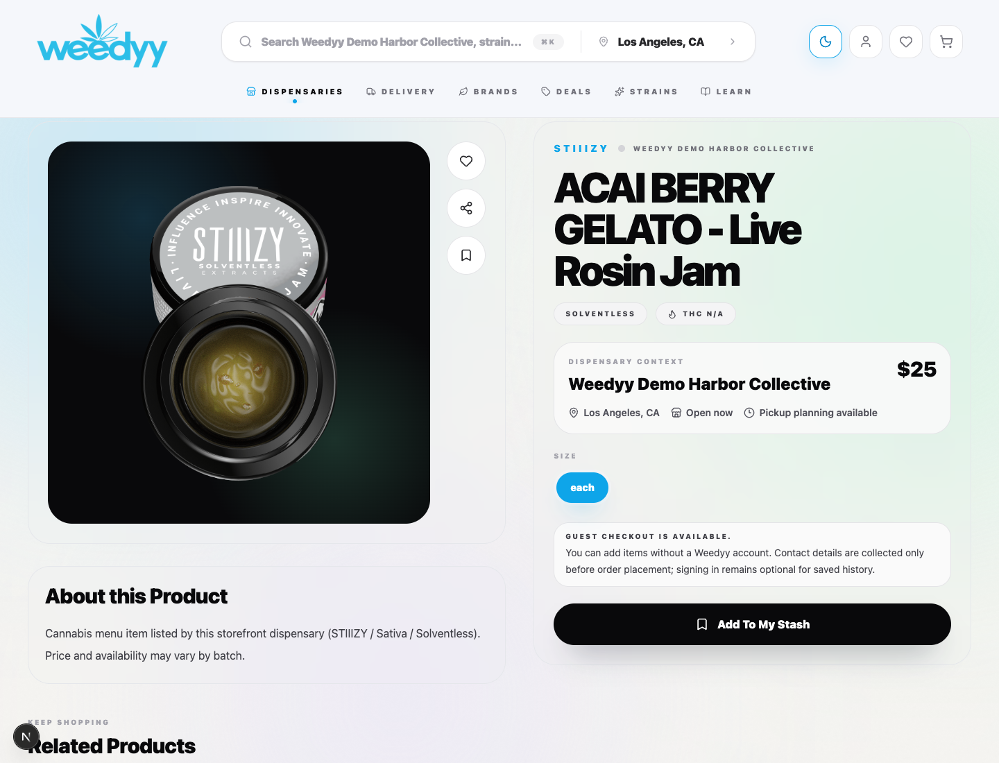 A real Weedyy product detail screenshot with product imagery, category context, details, dispensary context, and Stash controls.