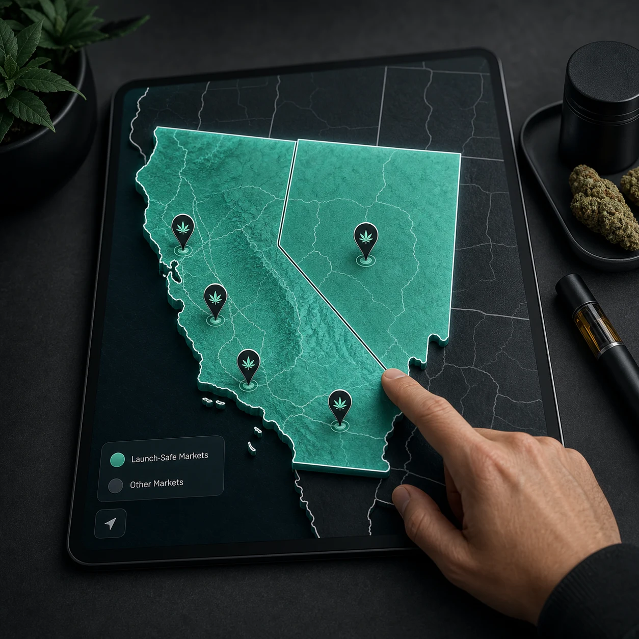 A Weedyy editorial map highlighting California and Nevada as first cannabis browsing markets.