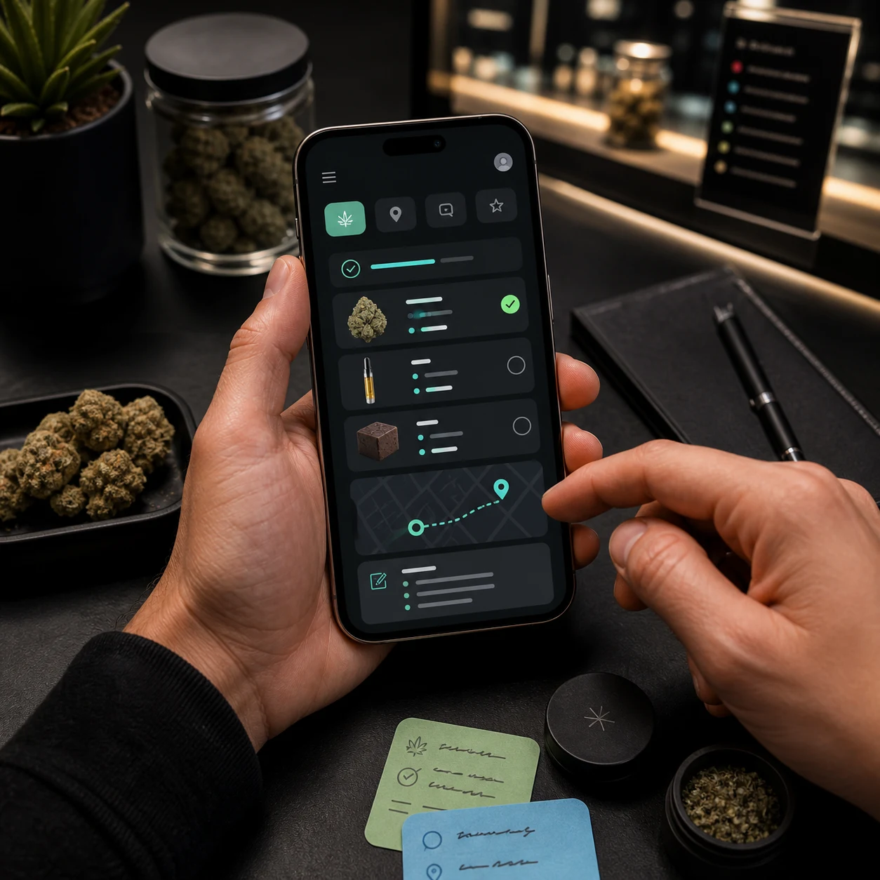 A Weedyy editorial visual for planning a cannabis visit with saved items.